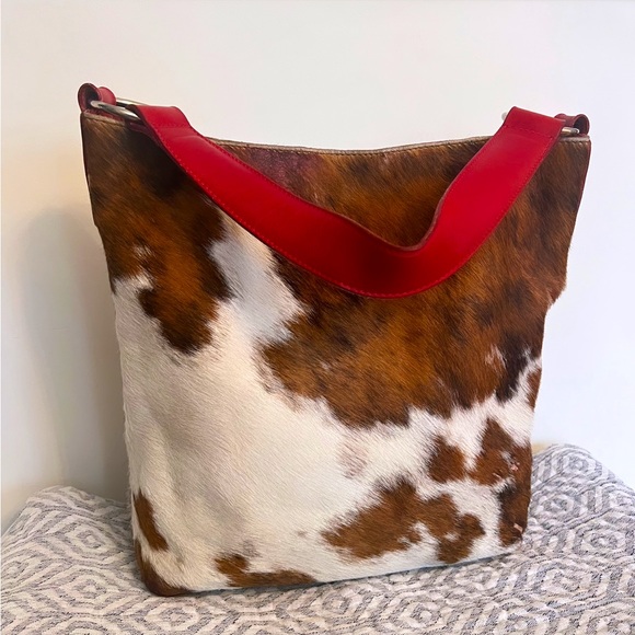 Maurizio Taiuti Handbags - VINTAGE MAURICIO TAIUTI Italian Leather Brown & White Cowhide Shoulder/Tote Bag